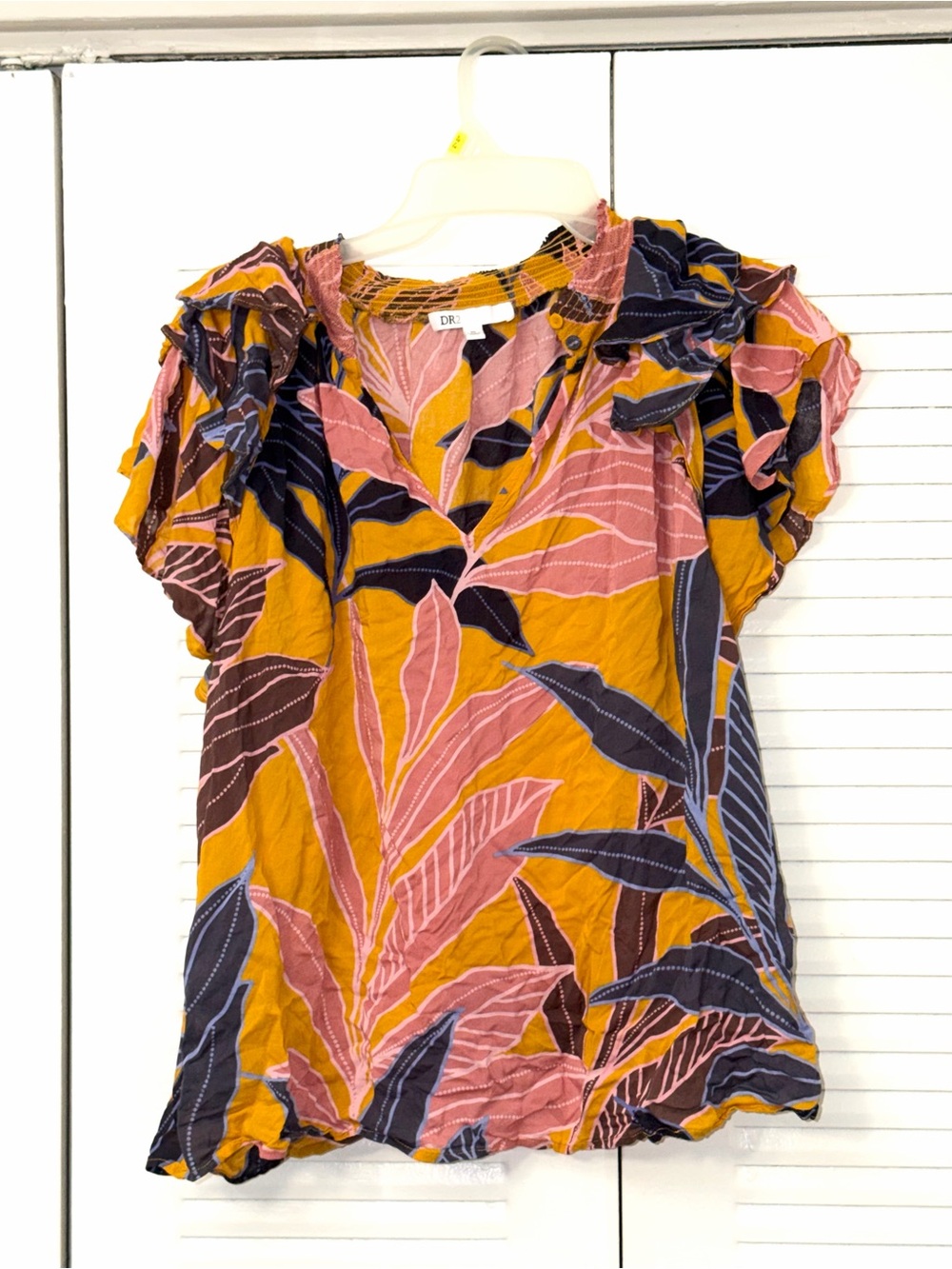 DR2 Mustard, Pink & Navy Leaf-Print Ruffle Sleeve Top